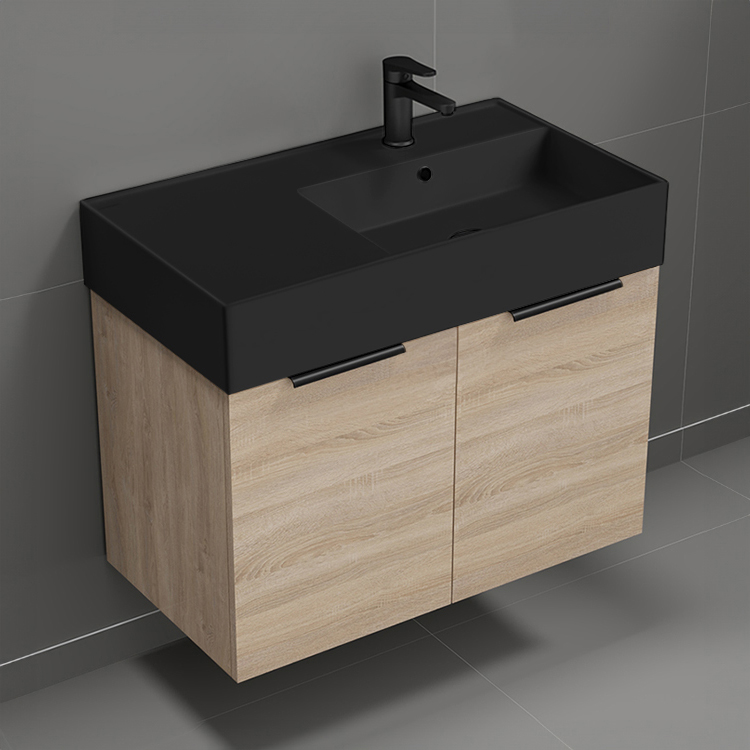 Nameeks DERIN739 Modern Bathroom Vanity With Black Sink, Wall Mounted, Single, 32 Inch, Brown Oak